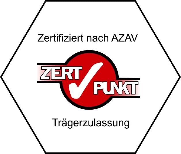 Siegel „Zertifiziert nach AZAV – Trägerzulassung“ der Zertifizierungsstelle ZertPunkt